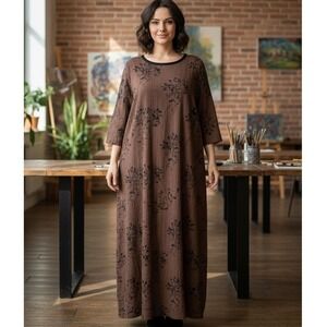 Thin Air Maxi Dress Womens Sz L Brown Floral Long Slv Lagenlook Boho Cottagecore